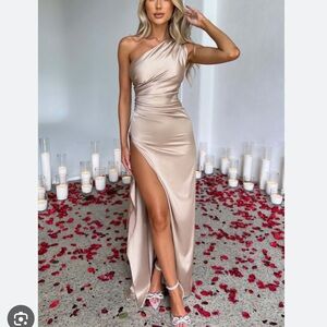 Elegant One Shoulder Satin Dress - Cream